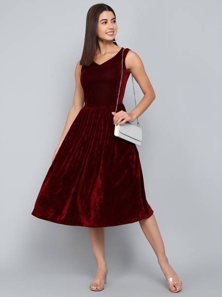 fashion fizz Women Fit and Flare Maroon Below Knee Dress