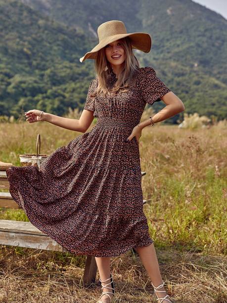 Women Fit and Flare Orange, Black Dress