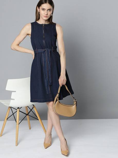 Women A-line Dark Blue Knee Length Dress
