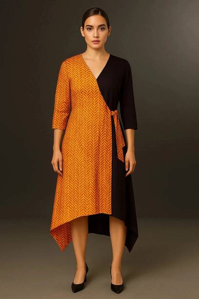 lataree Women Asymmetric Brown, Orange Knee Length Dress