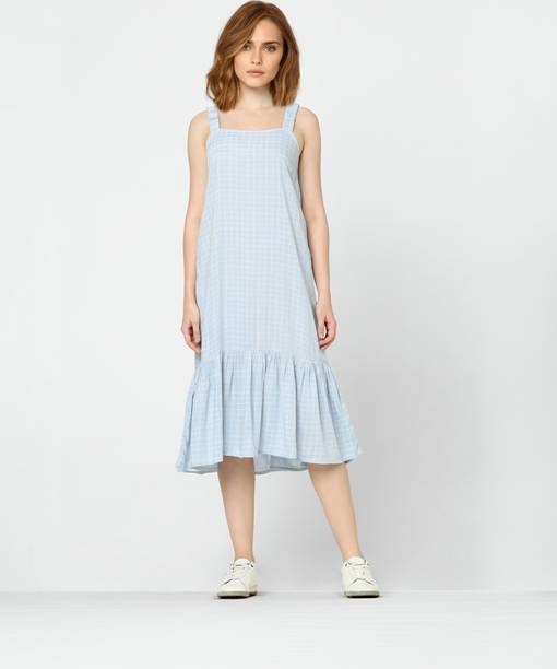 Women A-line Light Blue Below Knee Dress