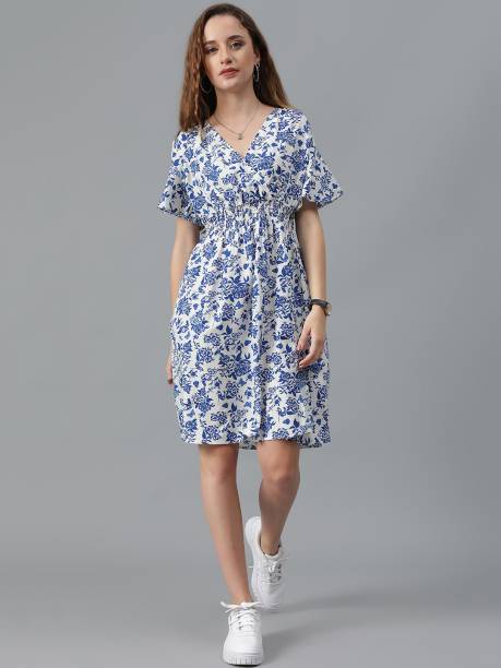 Women Fit and Flare Blue, White Dress Price in India