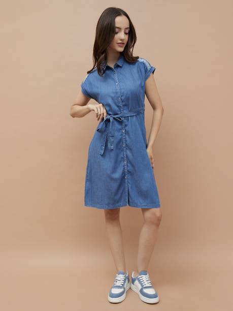 Women Shirt Blue Above Knee/Mid Thigh Length Dress