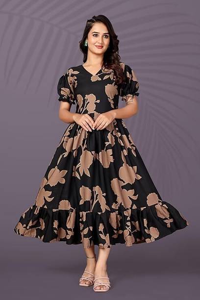 Women Fit and Flare Black, Beige Midi/Calf Length Dress