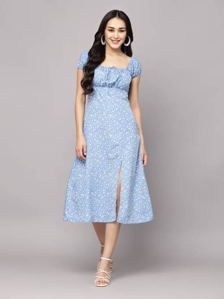 Women A-line Light Blue, White Dress