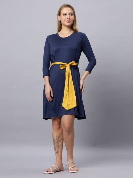 Autumn Hues Women A-line Blue Knee Length Dress