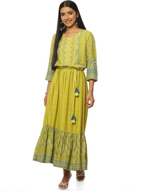 RANGRITI Women Tiered Light Green Knee Length Dress