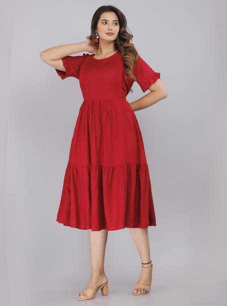 Women Gathered Maroon Midi/Calf Length Dress