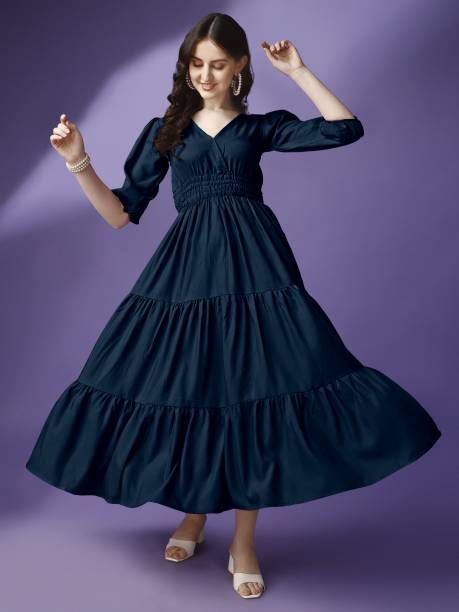 Women Fit and Flare Blue Dress Price in India