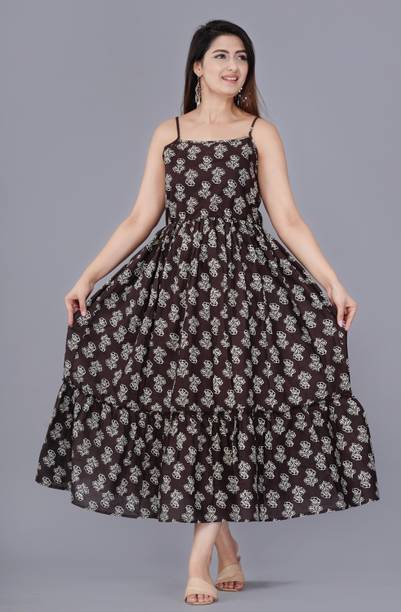 Janki Creation Women Gathered Brown Maxi/Full Length Dress