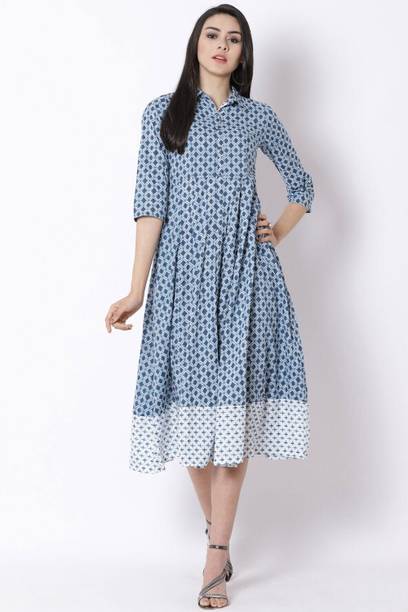 RANGRITI Women A-line Blue Midi/Calf Length Dress