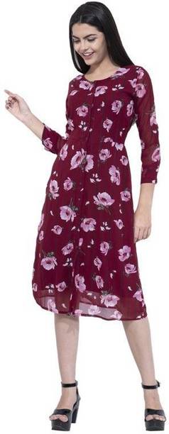 AAYU Women A-line Maroon Midi/Calf Length Dress
