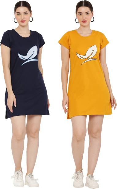 Women T Shirt Dark Blue, Yellow Dress Price in India