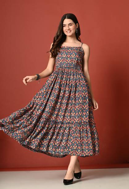 Janki Creation Women Gathered Purple Maxi/Full Length Dress