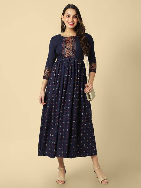 Women Fit and Flare Dark Blue, Gold, Red Dress Price in India