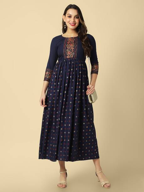 Women Fit and Flare Dark Blue, Gold, Red Dress