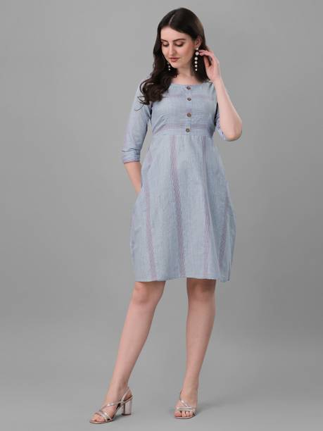 Women Drop Waist Blue Dress