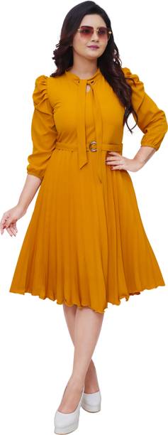 Women A-line Yellow Knee Length Dress