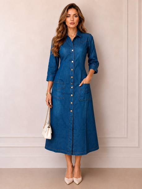 Women A-line Dark Blue Below Knee Dress