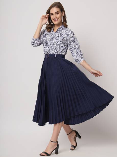 Women Fit and Flare Dark Blue, White Dress Price in India