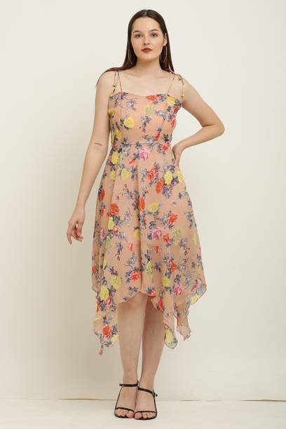 Women Asymmetric Beige Midi/Calf Length Dress