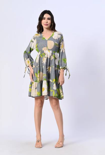 Women A-line Grey, Multicolor Above Knee/Mid Thigh Length Dress