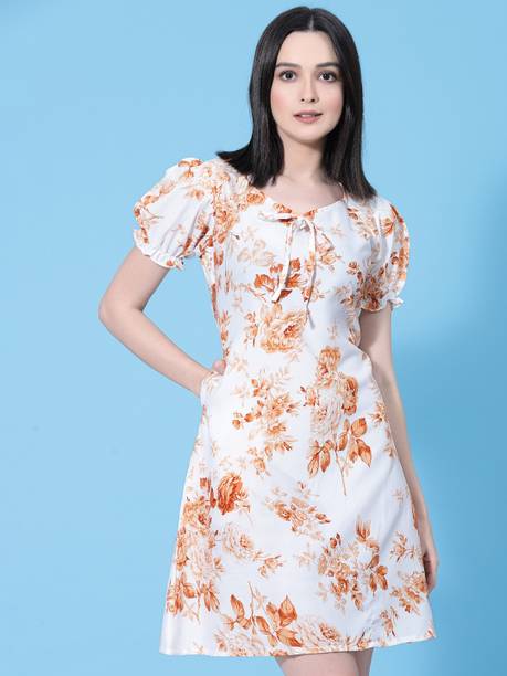 Women Fit and Flare Brown, White, Beige Dress
