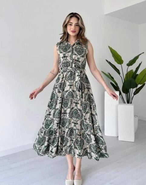 Women Fit and Flare Green Ankle Length Dress