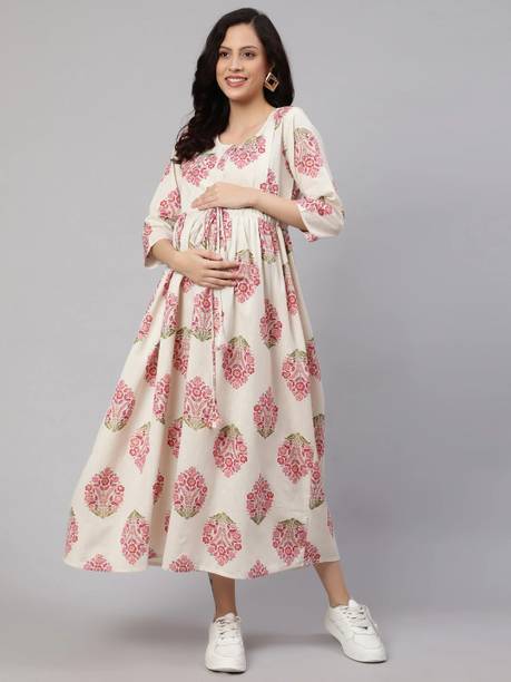 Women Fit and Flare Maroon, Dark Green, White Midi/Calf Length Dress