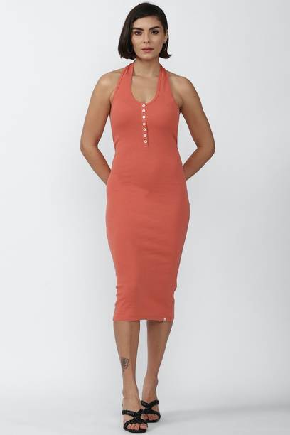 Women A-line Orange Midi/Calf Length Dress
