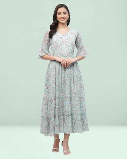 Women Fit and Flare Light Blue, Red Dress