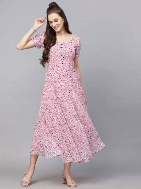 Women Fit and Flare Pink, Blue, White Dress Price in India