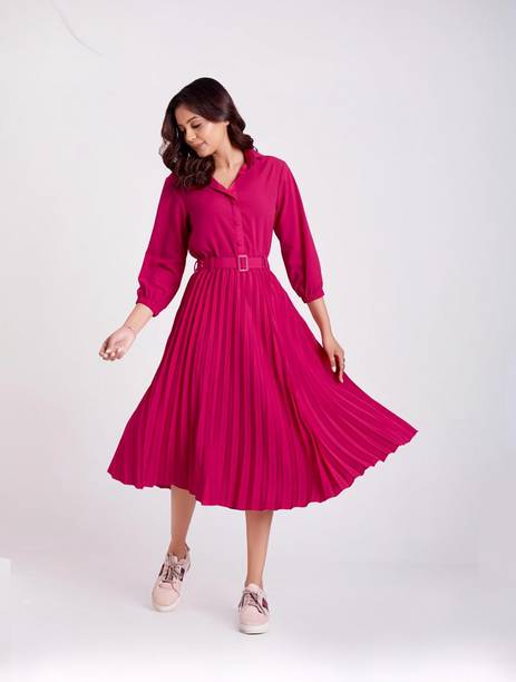 Women Pleated Pink Midi/Calf Length Dress