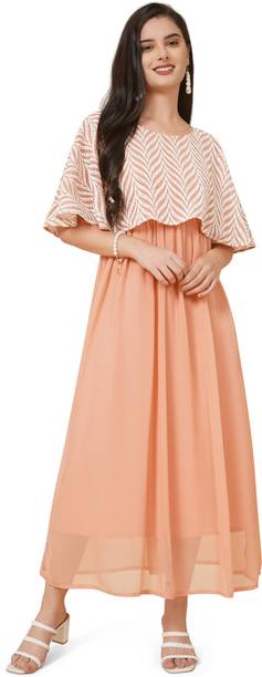 Women Maxi Orange, White Dress