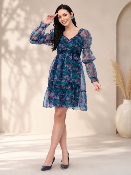 Fabway Clothing Women Fit and Flare Blue, Purple Knee Length Dress