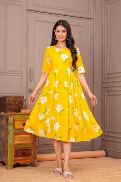 Women Gathered Yellow Below Knee Dress