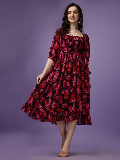 Women Fit and Flare Red, Pink, Black Dress