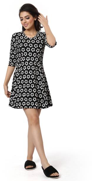 Women Fit and Flare Black Above Knee/Mid Thigh Length Dress