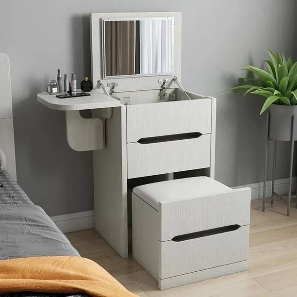 KDINTERIORS Nordic Flip Top White Makeup Vanity Mini with Stool & Flip Mirror Engineered Wood Dressing Table