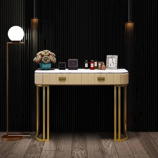 KDINTERIORS Faux Marble Tabletop Dressing Makeup Table with Drawers Metal Base in Gold Engineered Wood Dressing Table