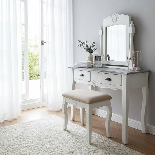 APRODZ Solid Wood 2 Drawers Dressing Table with Mirror and Stool Vanity Table Solid Wood Dressing Table