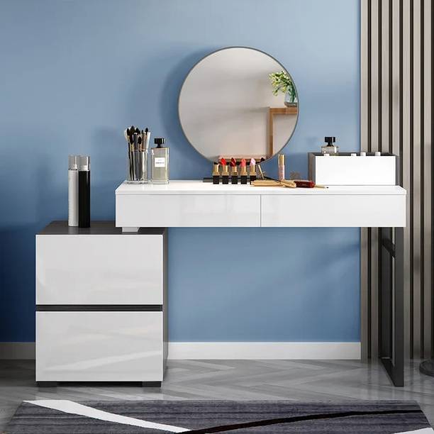 KDINTERIORS Glossy Extendable Makeup Vanity Dressing Table with Mirror & Side Cabinet Engineered Wood Dressing Table