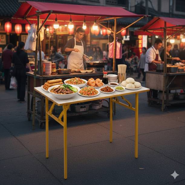 SHREE HARI QUALITY FIRST Multi-Purpose Foldable & Portable Wooden Laptop Table with Metallic Golden Leg Solid Wood 4 Seater Dining Table