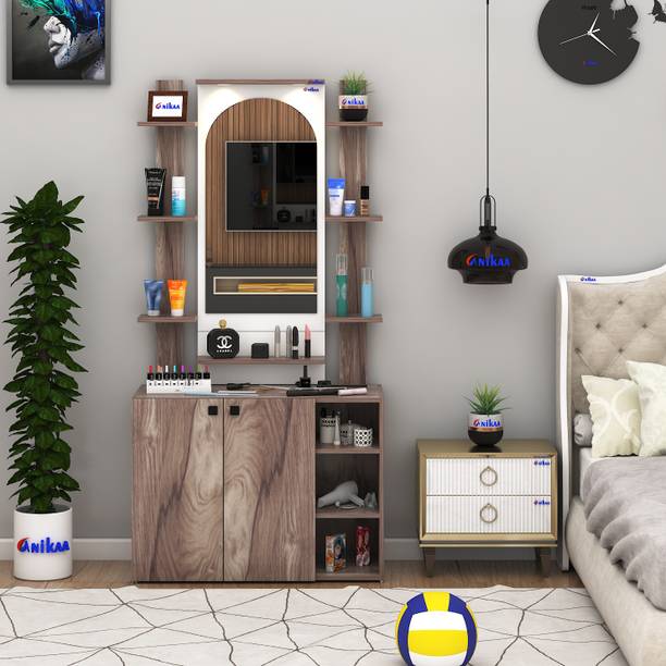 ANIKAA Venza Wall-Mounted Mirror with LED Light Shelf & Makeup Vanity Cabinet Storage Engineered Wood Dressing Table