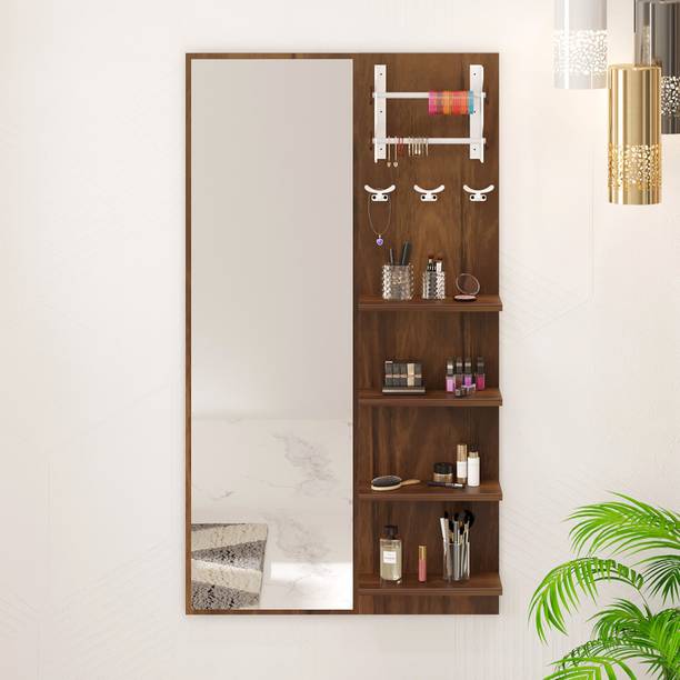 BLUEWUD Freddie Makeup Organiser Vanity Mirror with Shelf, Bangle Holder & Hook Engineered Wood Dressing Table