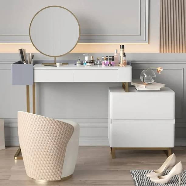 KDINTERIORS Modern White Makeup Vanity with 2 Drawers Mirror Included Engineered Wood Dressing Table