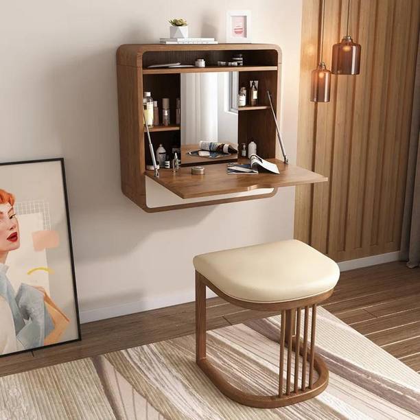 NG Decor Makeup Vanity and Cushioned Stool Set Wall Mounted Vanity Table & Movable Mirror Engineered Wood Dressing Table