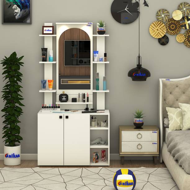 ANIKAA Venza Wall-Mounted Mirror with LED Light Shelf & Makeup Vanity Cabinet Storage Engineered Wood Dressing Table