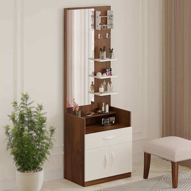 BLUEWUD Darci Dressing Table Organizer Makeup Vanity with Mirror Shelves, Bangle Holder Engineered Wood Dressing Table