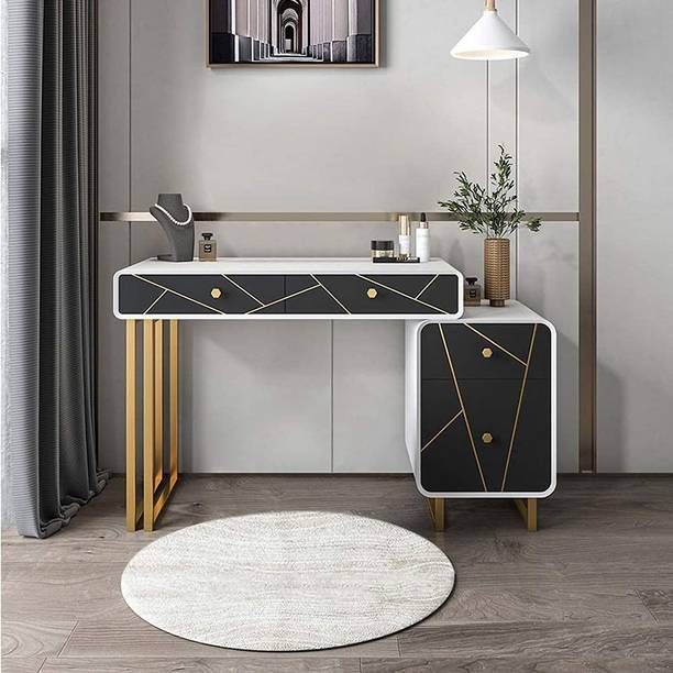 KDINTERIORS Modern White & Black Makeup Vanity Expandable Dressing Table with Cabinet Engineered Wood Dressing Table